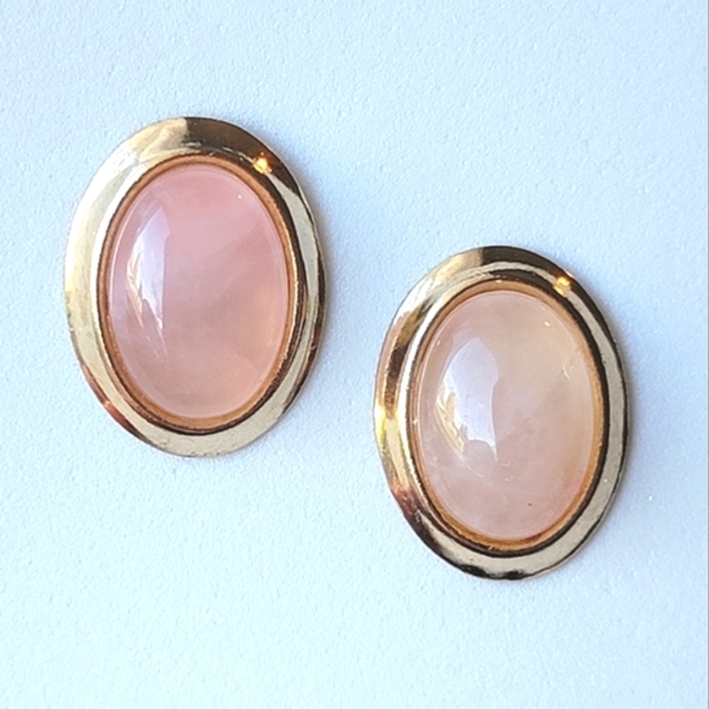 Oval Rose Quartz Gold Tone Natural Stone Cabochon Earrings